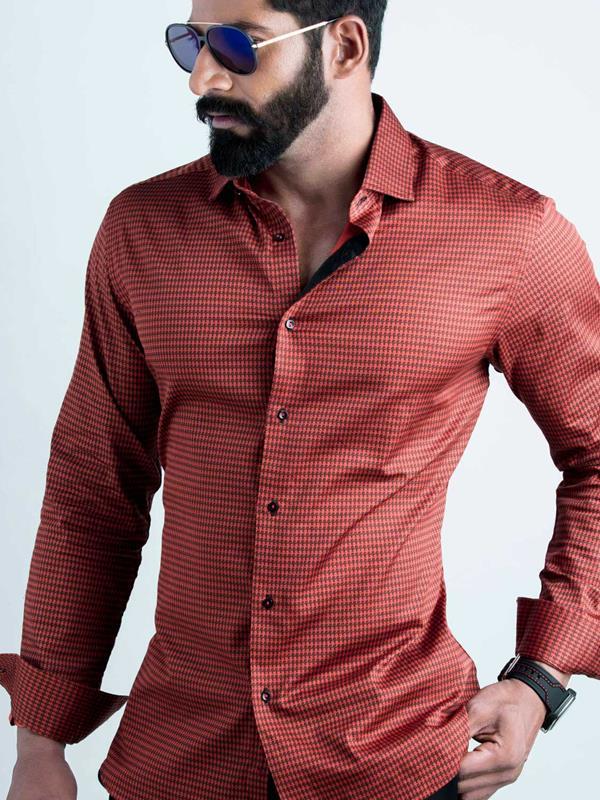 Headhunter Red Printed Full Sleeve Single Cuff Slim Fit Party Wear Blended Shirt