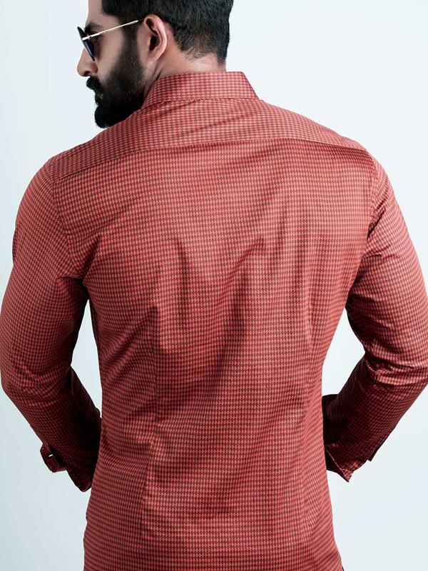 Headhunter Red Printed Full Sleeve Single Cuff Slim Fit Party Wear Blended Shirt