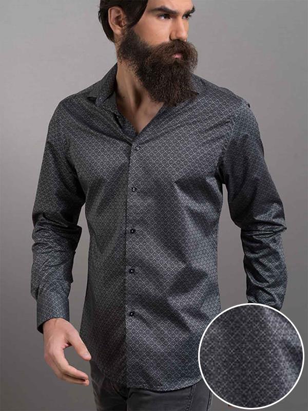 Inca Dark Grey Printed Full Sleeve Single Cuff Slim Fit Party Wear Cotton Shirt