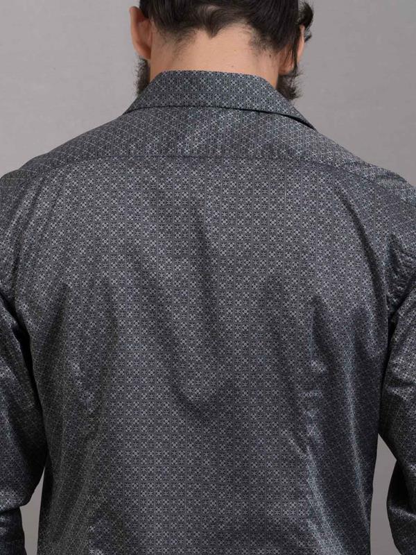 Inca Dark Grey Printed Full Sleeve Single Cuff Slim Fit Party Wear Cotton Shirt