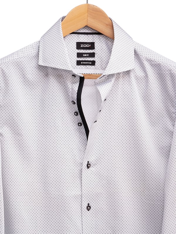 Iniesta White Printed Full Sleeve Single Cuff Slim Fit Party Wear Blended Shirt