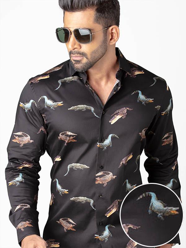 Irwin Black Printed Full Sleeve Single Cuff Slim Fit Party Wear Blended Shirt