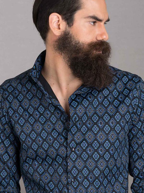 Istanbul Black Printed Full Sleeve Single Cuff Slim Fit Party Wear Blended Shirt