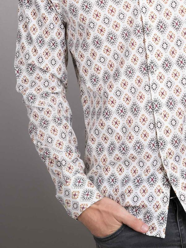 Istanbul Ecru Printed Full Sleeve Single Cuff Slim Fit Party Wear Blended Shirt