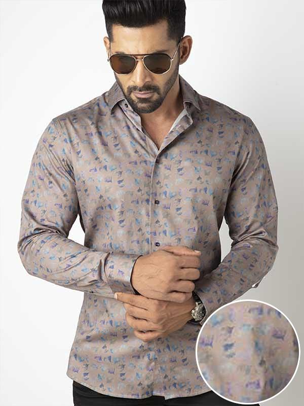 Jaimie Light Grey Printed Full Sleeve Single Cuff Slim Fit Party Wear Blended Shirt