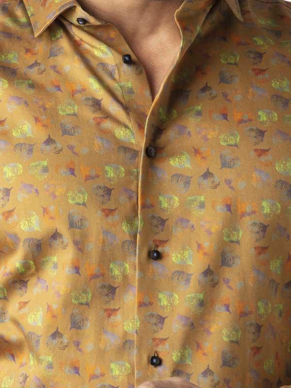 Jaimie Ochre Printed Full Sleeve Single Cuff Slim Fit Party Wear Blended Shirt