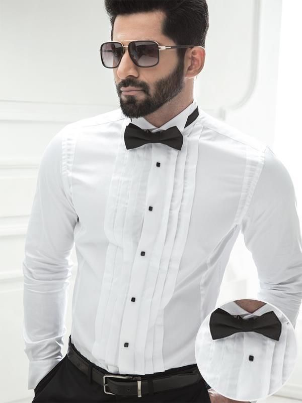 James White Wing Collar Slim Fit Full Sleeve Single Cuff Cotton Tuxedo Shirt