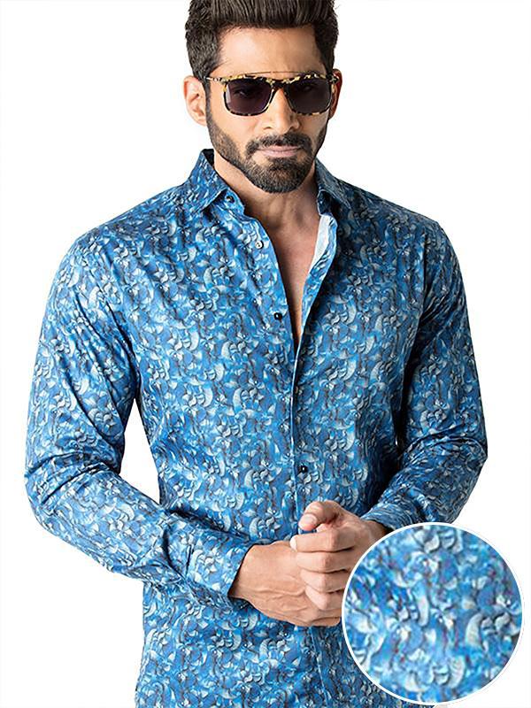 Juarez Navy Printed Full Sleeve Single Cuff Slim Fit Party Wear Blended Shirt