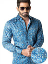 Juarez Navy Printed Full Sleeve Single Cuff Slim Fit Party Wear Blended Shirt