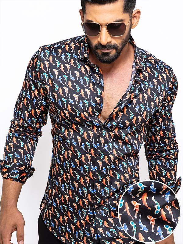Kois Black Printed Full Sleeve Single Cuff Slim Fit Party Wear  Blended Shirt