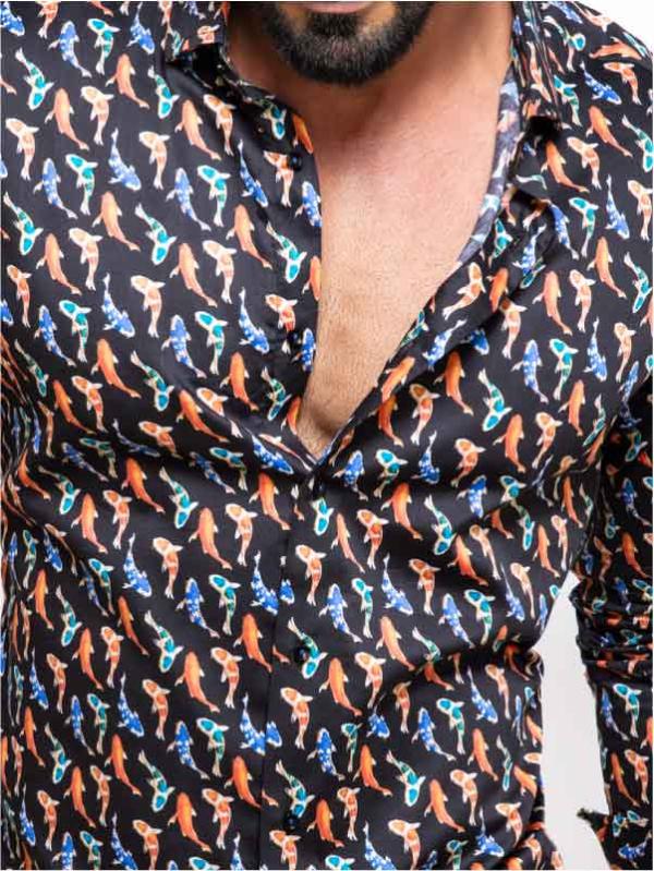 Kois Black Printed Full Sleeve Single Cuff Slim Fit Party Wear  Blended Shirt