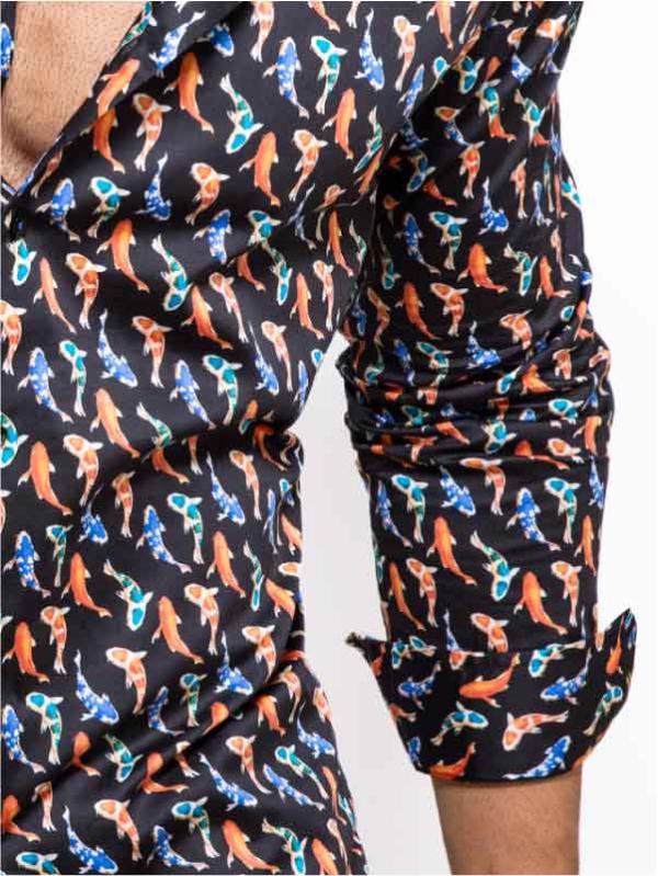 Kois Black Printed Full Sleeve Single Cuff Slim Fit Party Wear  Blended Shirt