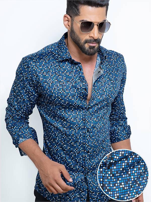 Lamar Cobalt Printed Full Sleeve Single Cuff Slim Fit Party Wear Blended Shirt