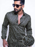 Lamar Grey Printed Full Sleeve Single Cuff Slim Fit Party Wear Blended Shirt
