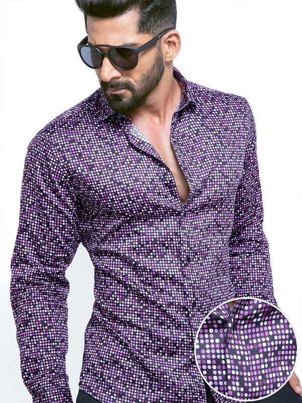 Lamar Purple Printed Full Sleeve Single Cuff Slim Fit Party Wear Blended Shirt