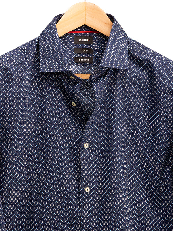 Lavo Navy Printed Full Sleeve Single Cuff Slim Fit Party Wear Blended Shirt