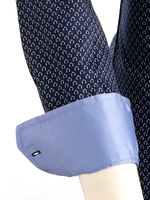 Lavo Navy Printed Full Sleeve Single Cuff Slim Fit Party Wear Blended Shirt