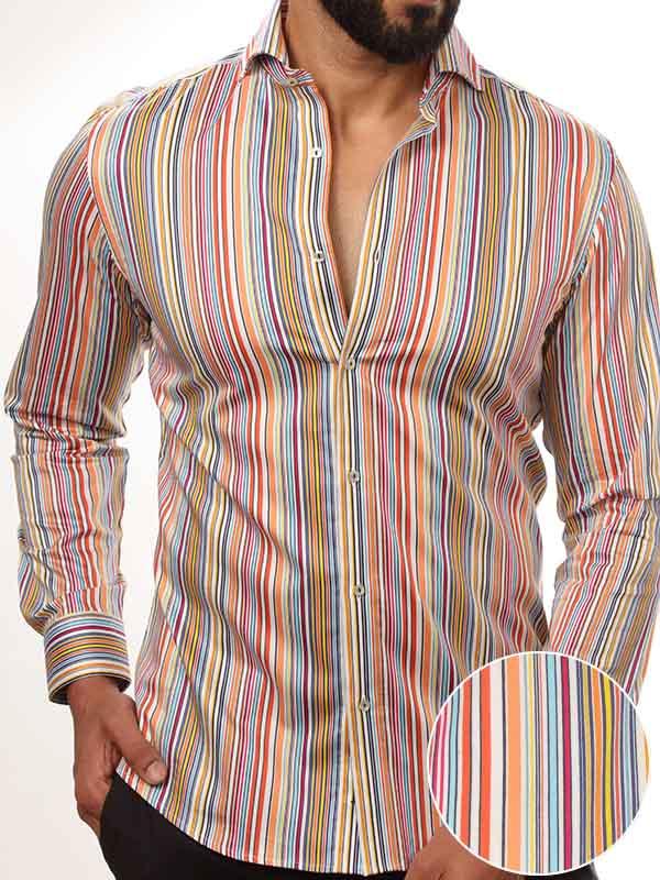 Lorenzo Orange Striped Full Sleeve Single Cuff Slim Fit  Party Wear Blended Shirt