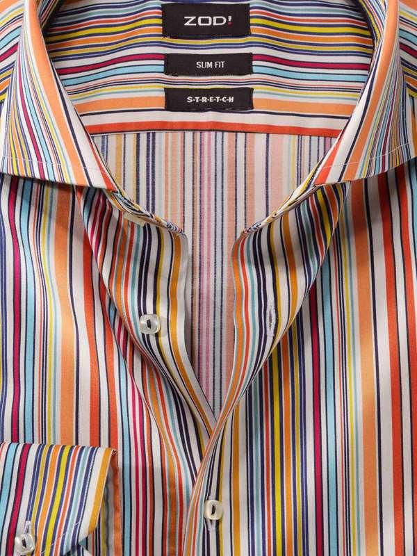 Lorenzo Orange Striped Full Sleeve Single Cuff Slim Fit  Party Wear Blended Shirt