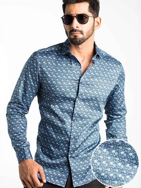 Maceo Blue Printed Full Sleeve Single Cuff Slim Fit Party Wear Blended Shirt