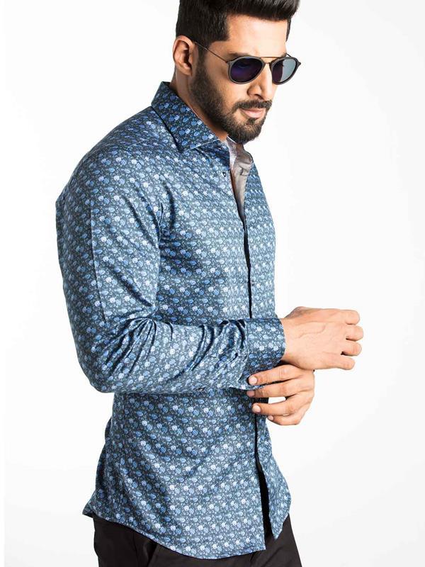 Maceo Blue Printed Full Sleeve Single Cuff Slim Fit Party Wear Blended Shirt
