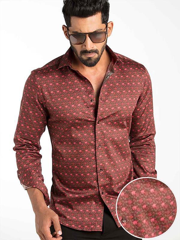Maceo Rust Printed Full Sleeve Single Cuff Slim Fit Party Wear Blended Shirt