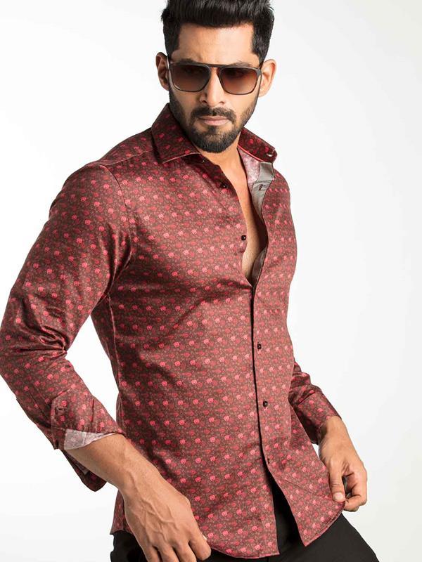 Maceo Rust Printed Full Sleeve Single Cuff Slim Fit Party Wear Blended Shirt
