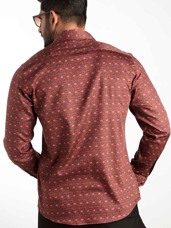 Maceo Rust Printed Full Sleeve Single Cuff Slim Fit Party Wear Blended Shirt