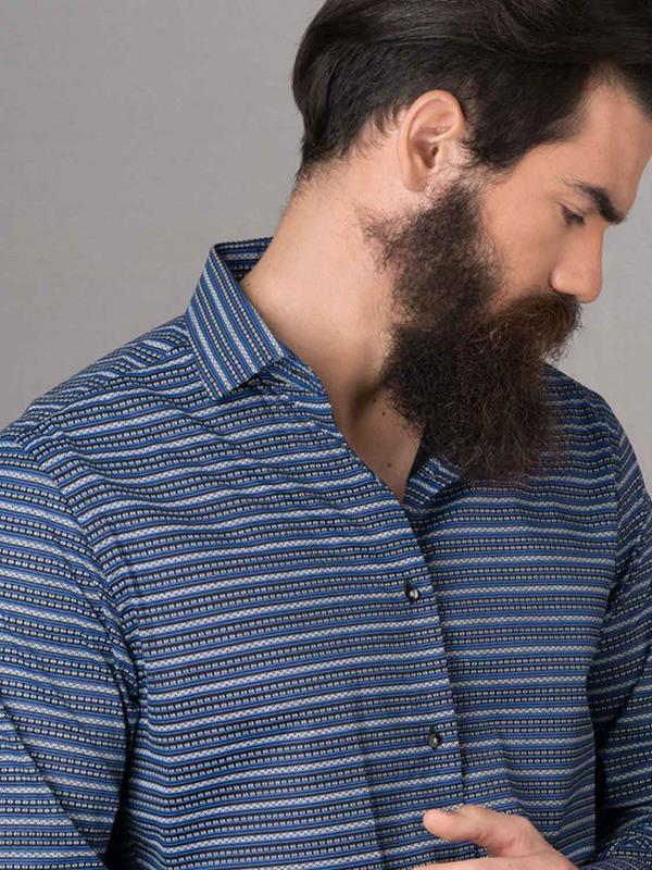 Machu Blue Printed Full Sleeve Single Cuff Slim Fit Party Wear Blended Shirt