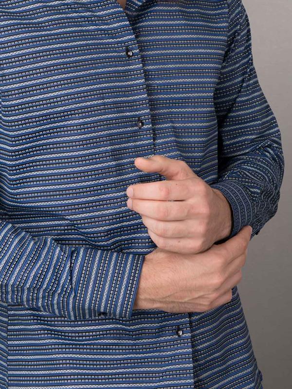 Machu Blue Printed Full Sleeve Single Cuff Slim Fit Party Wear Blended Shirt