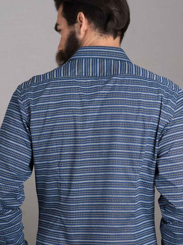 Machu Blue Printed Full Sleeve Single Cuff Slim Fit Party Wear Blended Shirt