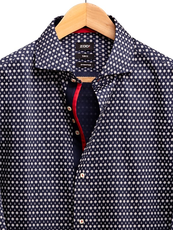 Makai Navy Printed Full Sleeve Single Cuff Slim Fit Party Wear Blended Shirt