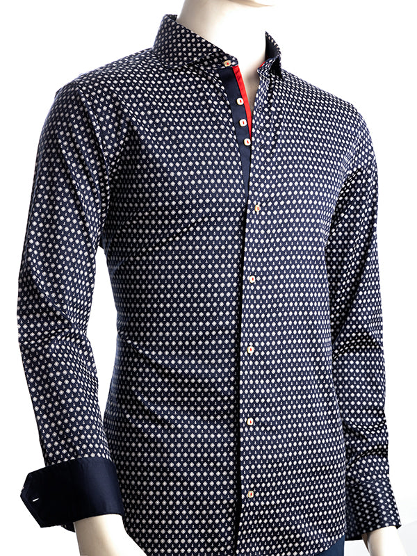 Makai Navy Printed Full Sleeve Single Cuff Slim Fit Party Wear Blended Shirt
