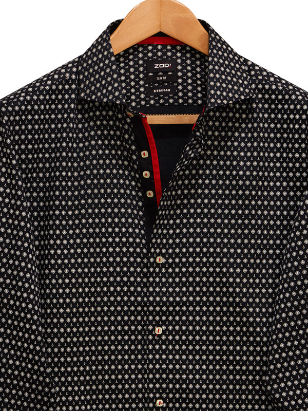 Makai Black Printed Full Sleeve Single Cuff Slim Fit Party Wear Blended Shirt