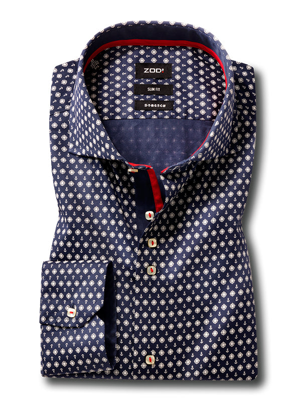 Makai Navy Printed Full Sleeve Single Cuff Slim Fit Party Wear Blended Shirt