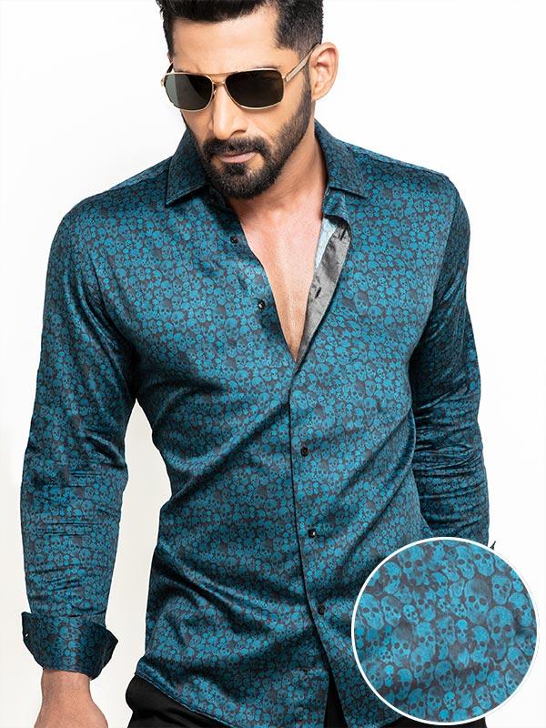 Malone Teal Printed Full Sleeve Single Cuff Slim Fit Party Wear Blended Shirt