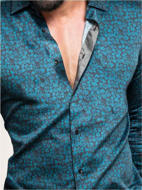 Malone Teal Printed Full Sleeve Single Cuff Slim Fit Party Wear Blended Shirt