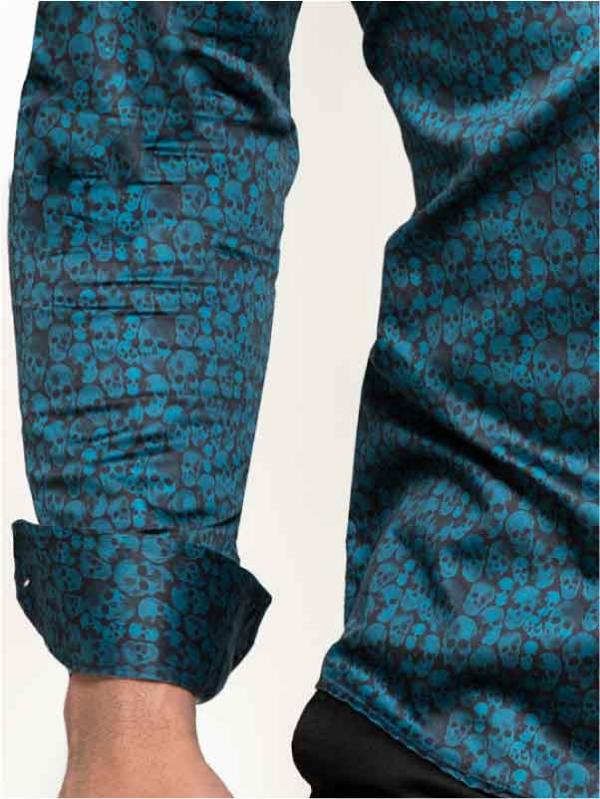 Malone Teal Printed Full Sleeve Single Cuff Slim Fit Party Wear Blended Shirt