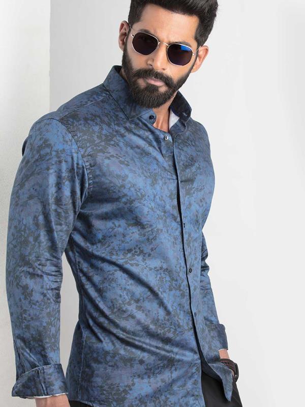 Markus Blue Printed Full Sleeve Single Cuff Slim Fit Party Wear Blended Shirt