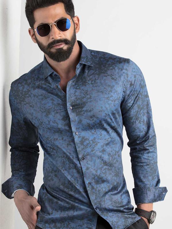 Markus Blue Printed Full Sleeve Single Cuff Slim Fit Party Wear Blended Shirt