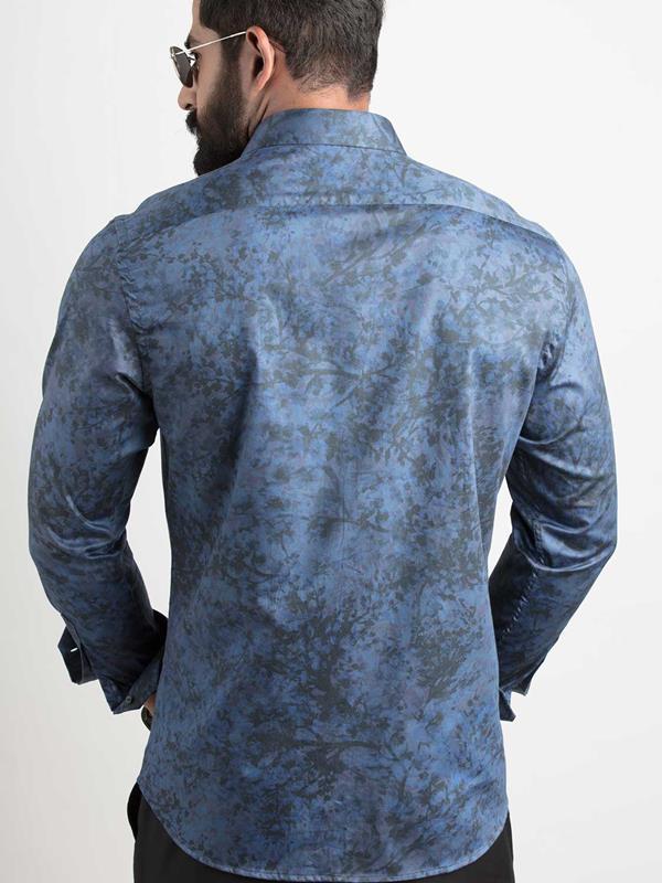 Markus Blue Printed Full Sleeve Single Cuff Slim Fit Party Wear Blended Shirt