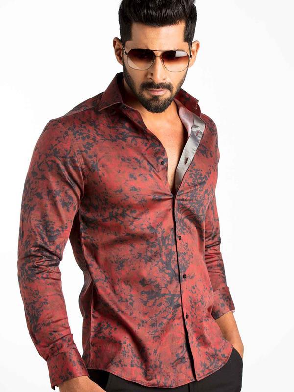Markus Burgundy Printed Full Sleeve Single Cuff Slim Fit Party Wear Blended Shirt
