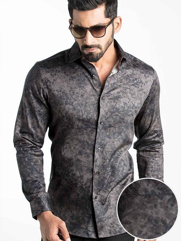 Markus Grey Printed Full Sleeve Single Cuff Slim Fit Party Wear Blended Shirt