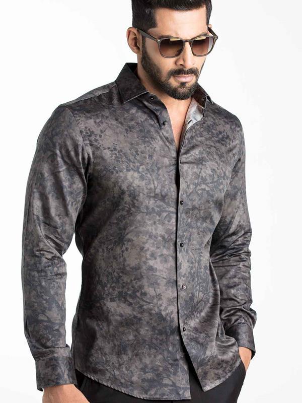 Markus Grey Printed Full Sleeve Single Cuff Slim Fit Party Wear Blended Shirt