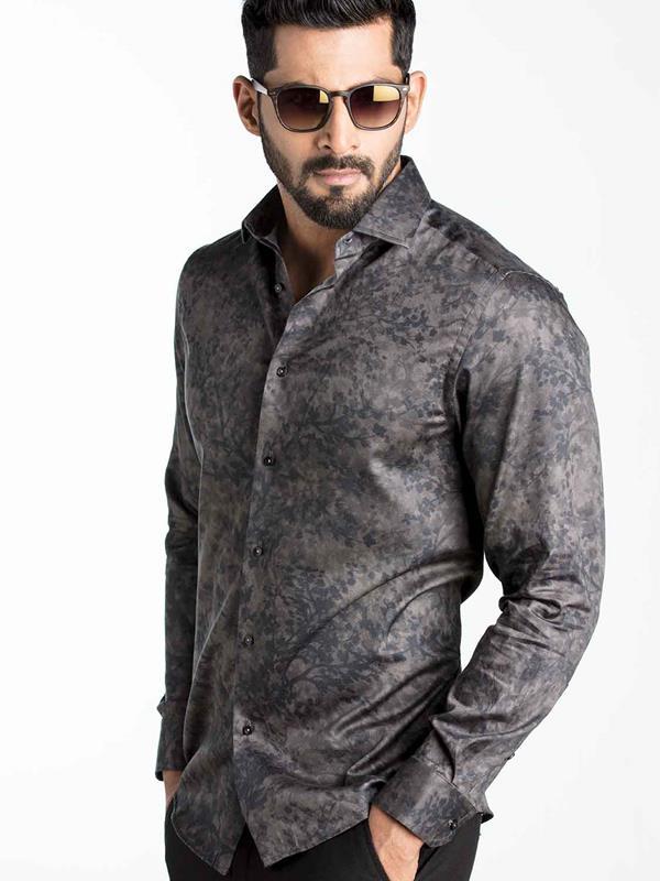 Markus Grey Printed Full Sleeve Single Cuff Slim Fit Party Wear Blended Shirt