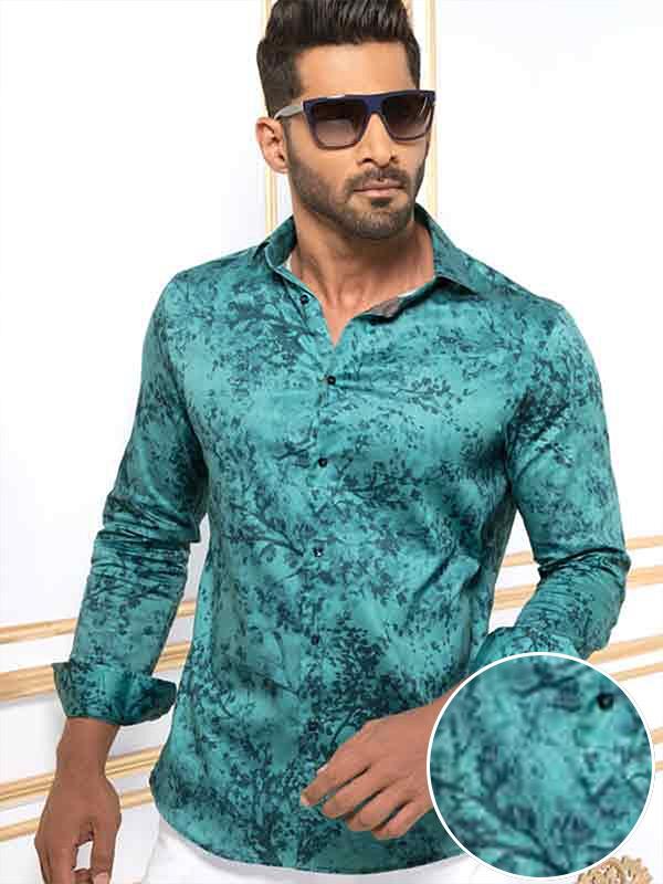 Markus Sea Green Printed Full Sleeve Single Cuff Slim Fit Party Wear Blended Shirt