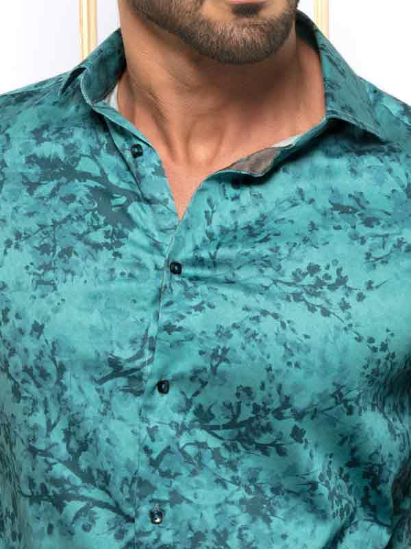 Markus Sea Green Printed Full Sleeve Single Cuff Slim Fit Party Wear Blended Shirt