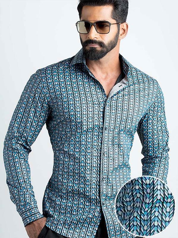 Marlo Blue Printed Full Sleeve Single Cuff Slim Fit Party Wear Blended Shirt