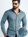 Marlo Blue Printed Full Sleeve Single Cuff Slim Fit Party Wear Blended Shirt