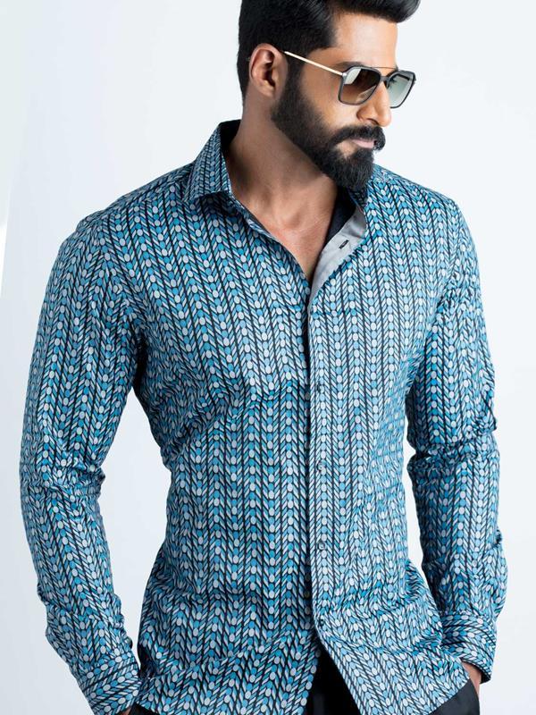 Marlo Blue Printed Full Sleeve Single Cuff Slim Fit Party Wear Blended Shirt